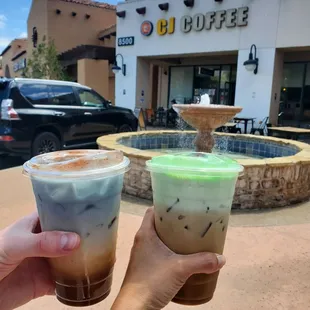 Blue Spanish latte and pandan coco latte with oatmilk specials. Pandan cream was thick