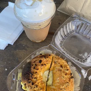 Sunrise bagel sandwich and blended caramel latte