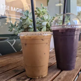Pistachio latte with oat milk and an add shot. Ube latte with oat milk.