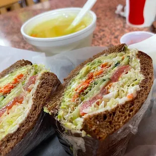 Veggie sandwich on squaw and chicken rice soup