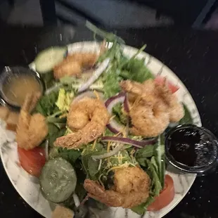 Fried shrimp w house salads delicious n high pile