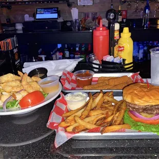 House salad with fried shrimp, burger &amp; fries, mozzarella sticks
