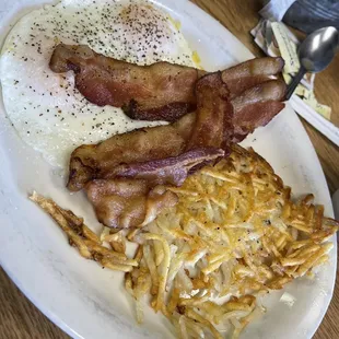 2 Eggs Your Way - comes with choice of bacon or sausage, hashbrowns or home-fries and a biscuit with gravy, bagel or toast!!