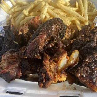 Rib tips. The fries are thin, kinda crispy.