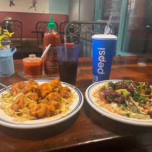 Orange chicken with chow mein, noodles and beef broccoli with fried rice!