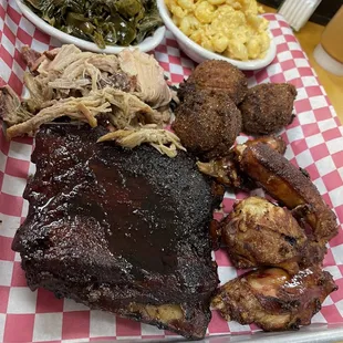 BBQ Platter Pulled Pork, Smoked  Wings, Ribs, Smoked MacnCheese, Collard Greens  3 Meat plate