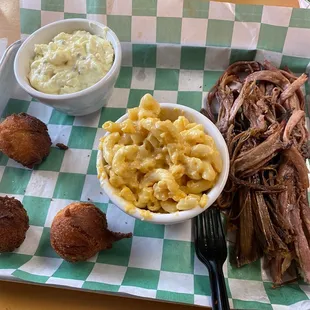 Brisket, Mac and Cheese with potato salad