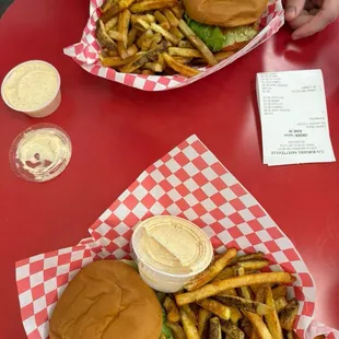 Burger, fries, and fries sauce