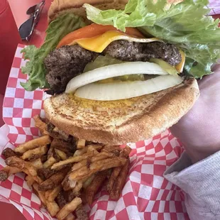 #1 1/3 lb burger with American cheese and all the &quot;fixings&quot;
