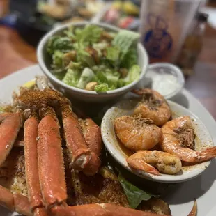 Crab leg and shrimp boil with Cesar salad substitution.