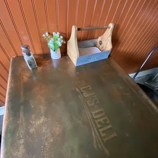 a table with a metal table top