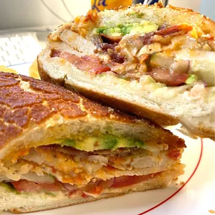 Chicken Lickin Sandwich on Dutch crunch with mustard and garlic sauce