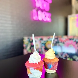 Mango chamoy &amp; strawberry gelati with vanilla custard(front), mango chamoy &amp; captain america with pineapple dole whip(back)