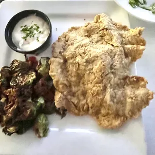 Chick fried steak and Brussels sprouts