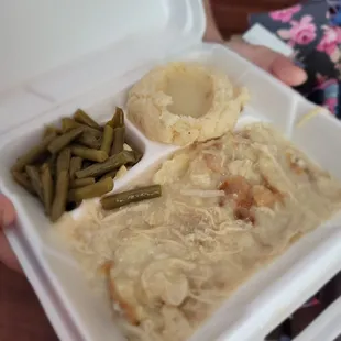 Chicken pie, gravy and potatoes, green beans