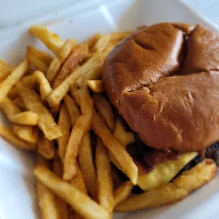 Bacon cheeseburger and fries