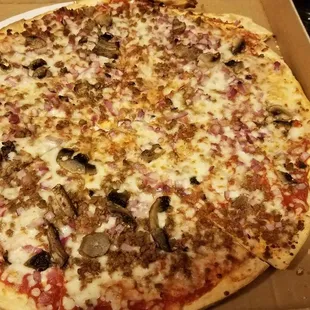 Thin crust sausage, onion, and mushroom