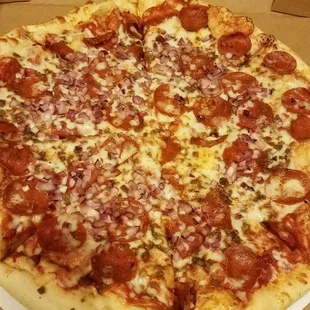 Traditional crust sausage, pepperoni, and onion
