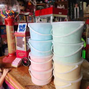 Cotton Candy Buckets   Assorted flavors also have white color.  You can put your own design on buckets