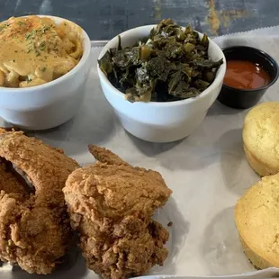 Fried Chicken Wings, greens, mac and corn bread muffins!