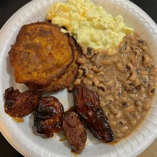 BBQ Rib Tips, black eyed peas, potato salad and fried green tomatoes.