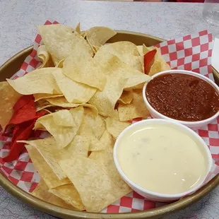 Queso,  Chips with $1. 00 added salsa. $ 2.99 chip refill and they were stale (sent back and was told they all are like that) sad  no care