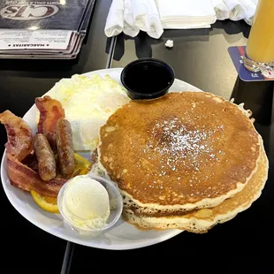 Trifecta with over easy eggs and pancakes.