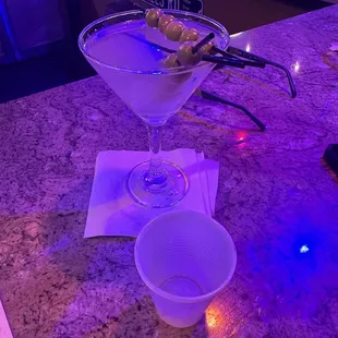 Perfect dirty martini and double shot Crown straight up.