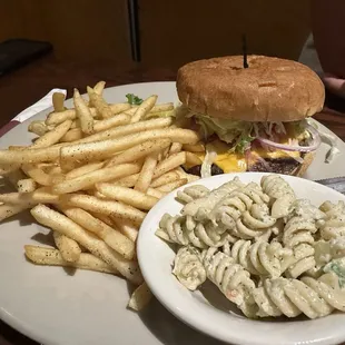 The fresh made burger with fries and pasta- all for $11 on Saturdays 11am-3pm. All of it was amazing! I&apos;ll definitely be back!!