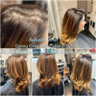 Going gray haircolor service offering natural results embracing the tonal difference and working with it. ~ Callie Leonor