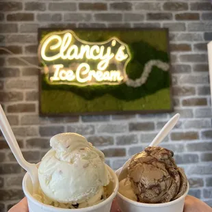 Single scoop of toasted almond + cookie dough (left) + single scoop of coffee almond fudge + banana nut (right)