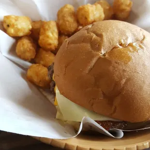 Double cheese burger and tots!