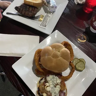 $10 steak dinner, and the Blackened Bleu Burger.