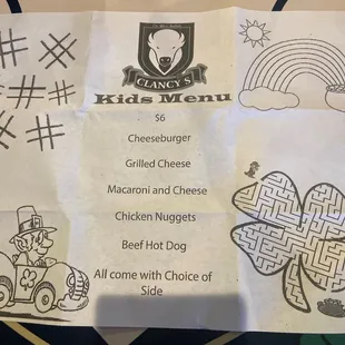 Kids menu