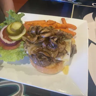 mushroom Swiss burger with sweet potato fries