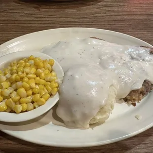 Chicken Fried Steak, mashed potatoes &amp; gravy, corn