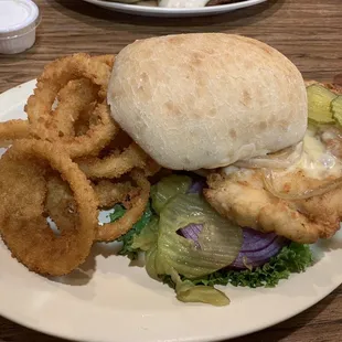 Chicken Fried Chicken sandwich with grilled onions, pickles and Mayo. Superb.