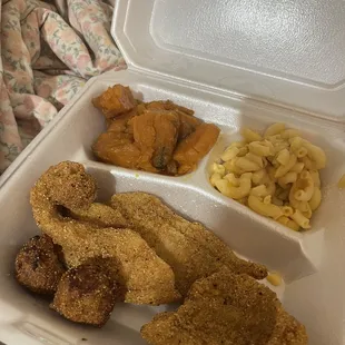Fried Catfish Plate / Mac &amp; cheese / candied yams / Added 2 hush puppies to side