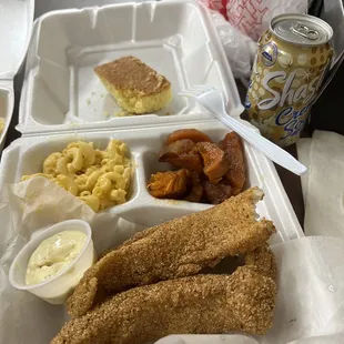 Catfish Plate with Baked Macaroni and Cheese and yams and Cornbread Muffin