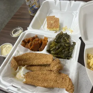 Catfish Plate with greens and yams and Cornbread Muffin