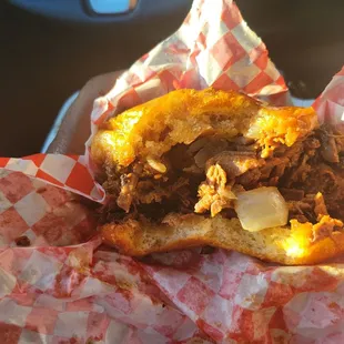 My Husband's almost gone chopped beef sandwich with sautéed onions