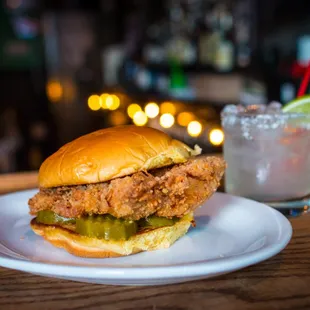 Classic Chicken Sandwich. Buttermilk-brined thigh meat with some pickles on a toasted Martin's Potato Roll.