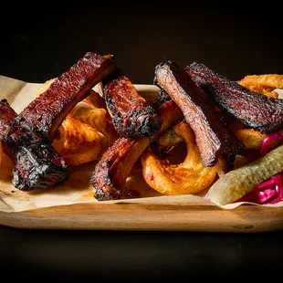 BBQ Ribs - Newman Farms heritage pork, gochujang-miso rub, sidewinder fries, pickle