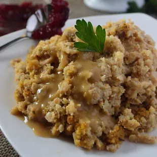 Grandma&apos;s southern cornbread dressing with sausage, chicken, veggies and spices