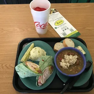 Turkey, Swiss, LTPO, Banana Pepper, Mayo Spinach Wrap. Chicken and Bowl Chicken Sausage Gumbo * Cherry Limeade * Potato Salad *