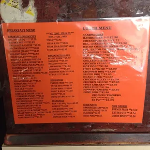 Menu great prices