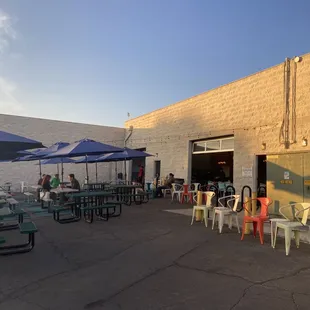 tables and umbrellas outside