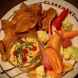 Pimento cheese dip with crudités and BBQ chips