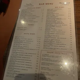 Bar and wine menu