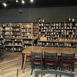 Wall of vintage jars/mugs - it's a cool touch